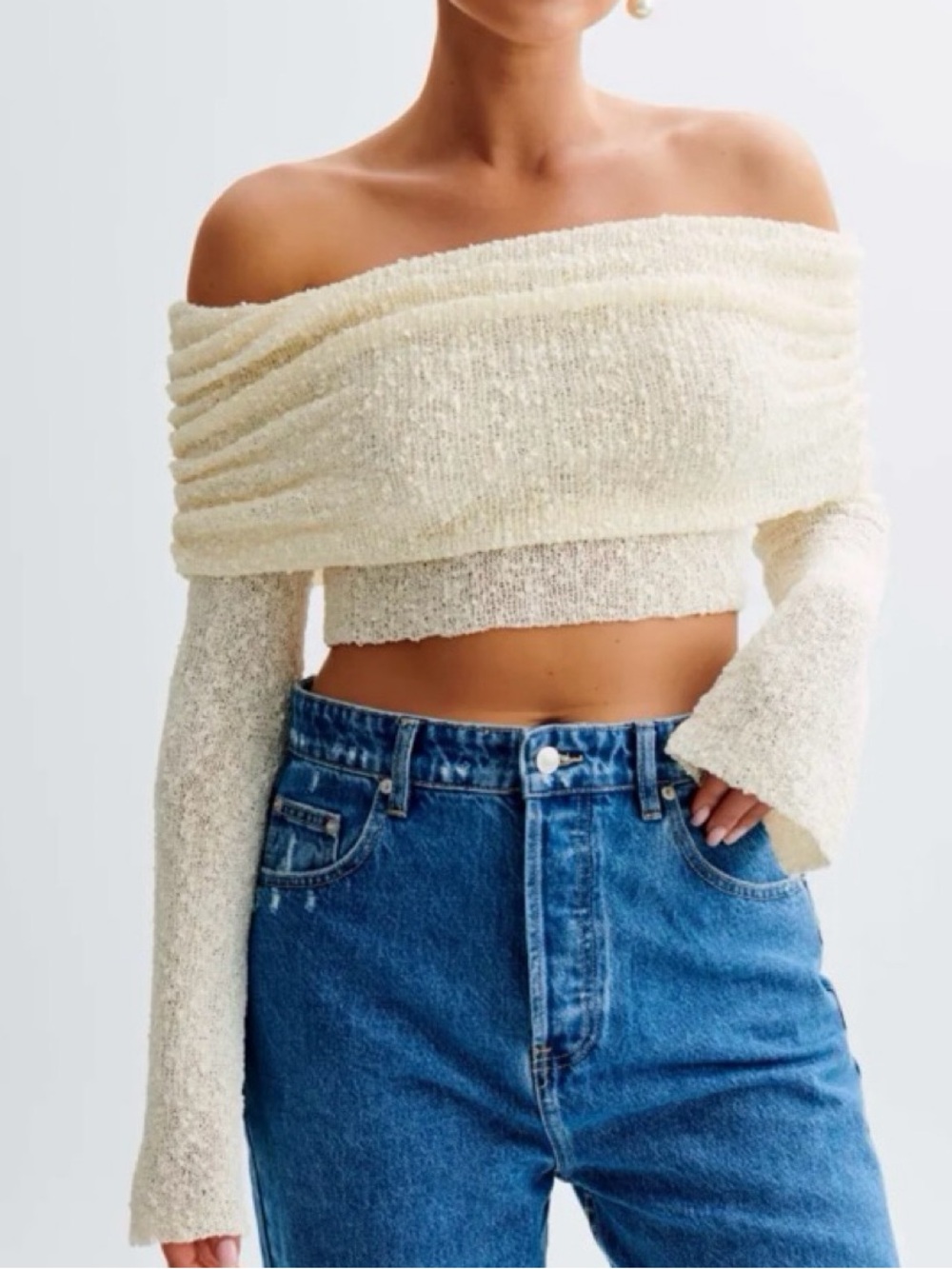 MESHKI Marisol Ivory Off Shoulder Boucle Top M NWT